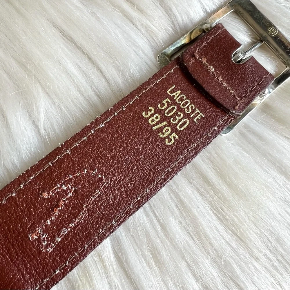 Lacoste Vintage Brown Leather Striped Belt Silver Buckle 1980s 37-38.5 Unisex